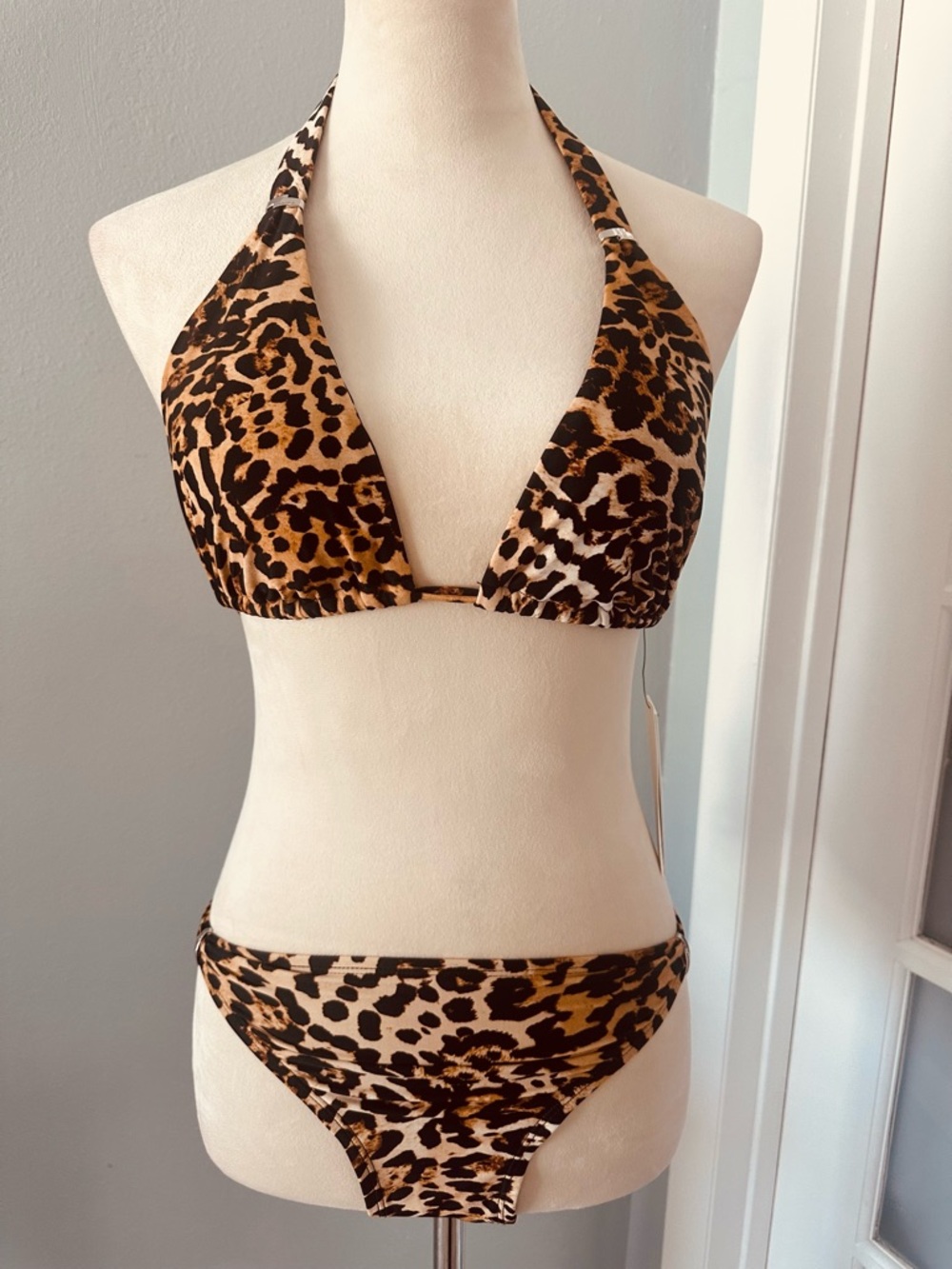 Calvin Klein Leopard Print Halter Bikini in Brown and Black